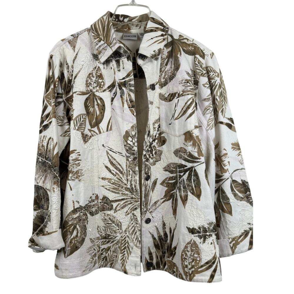 Chico’s Embroidered Botanical Jacket Size 1 Cotton Button Front Casual